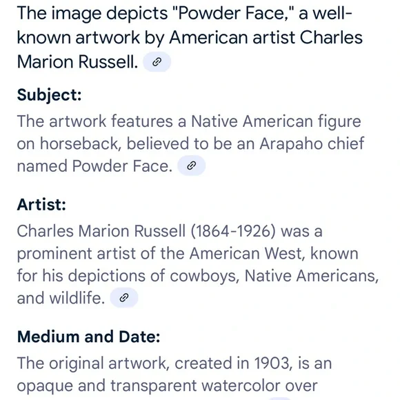 VTG “Powder Face, by American artist Charles Marion Russell. 21X25” Artwork